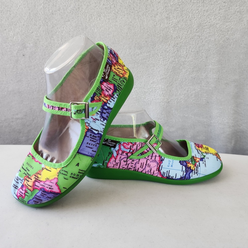 Hot Chocolate Mary Jane Shoes Womens Size 7 World Map Design Chocolaticas EU 37